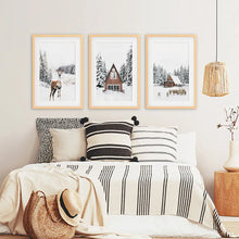 Load image into Gallery viewer, Winter Triptych Wall Art Set. Animals and Log Cabin. Wood Frames with Mat
