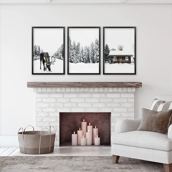 Winter Theme Triptych Photo Set. Moose, Log Cabin. Black Frames