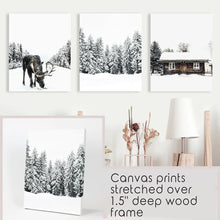 Load image into Gallery viewer, Winter Theme Triptych Photo Set. Moose, Log Cabin. Canvas Prints
