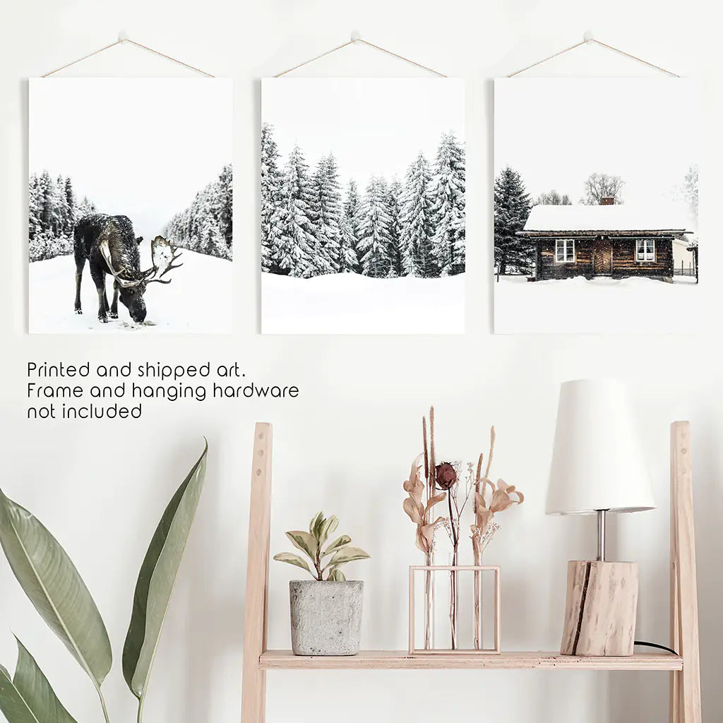 Winter Theme Triptych Photo Set. Moose, Log Cabin. Unframed Prints
