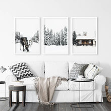 Load image into Gallery viewer, Winter Theme Triptych Photo Set. Moose, Log Cabin. White Frames
