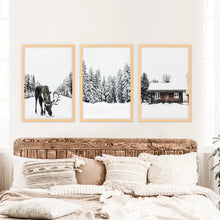 Load image into Gallery viewer, Winter Theme Triptych Photo Set. Moose, Log Cabin. Wood Frames
