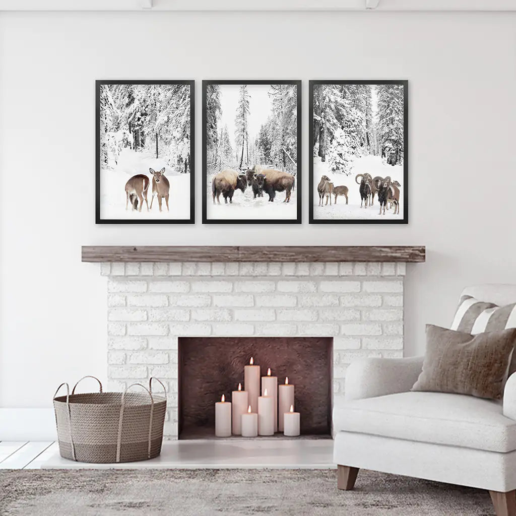 Winter Animals Wall Art Set of 3. Buffalo, Deer, Goat. Black Frames