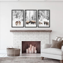 Load image into Gallery viewer, Winter Animals Wall Art Set of 3. Buffalo, Deer, Goat. Black Frames

