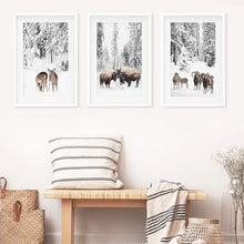Load image into Gallery viewer, Winter Animals Wall Art Set of 3. Buffalo, Deer, Goat. White Frames with Mat
