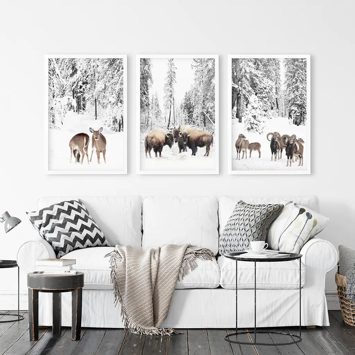 Winter Animals Wall Art Set of 3. Buffalo, Deer, Goat. White Frames