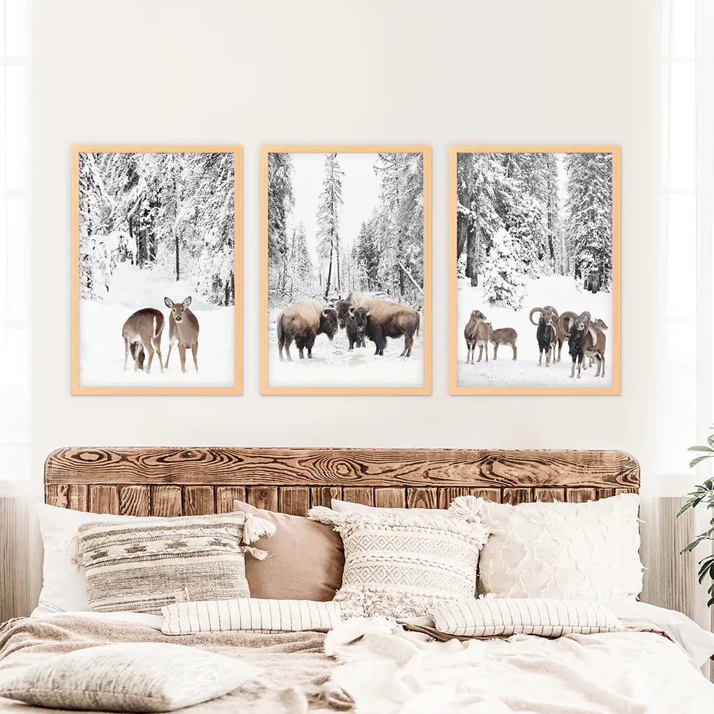 Winter Animals Wall Art Set of 3. Buffalo, Deer, Goat. Wood Frames