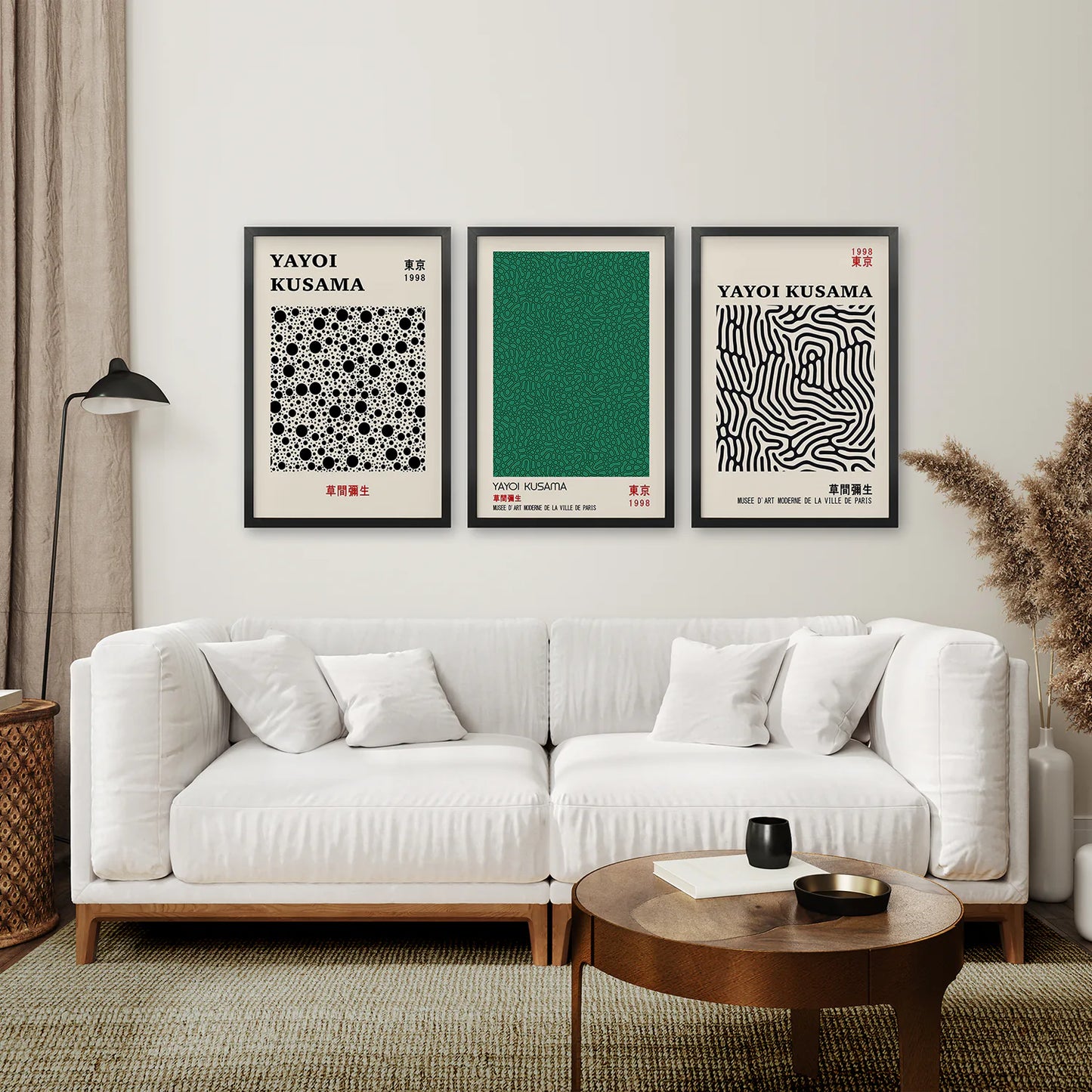 3 Piece Sage Green Abstract Japanese Wall Art Set. Yayoi Kusama. Black Frame. Living Room