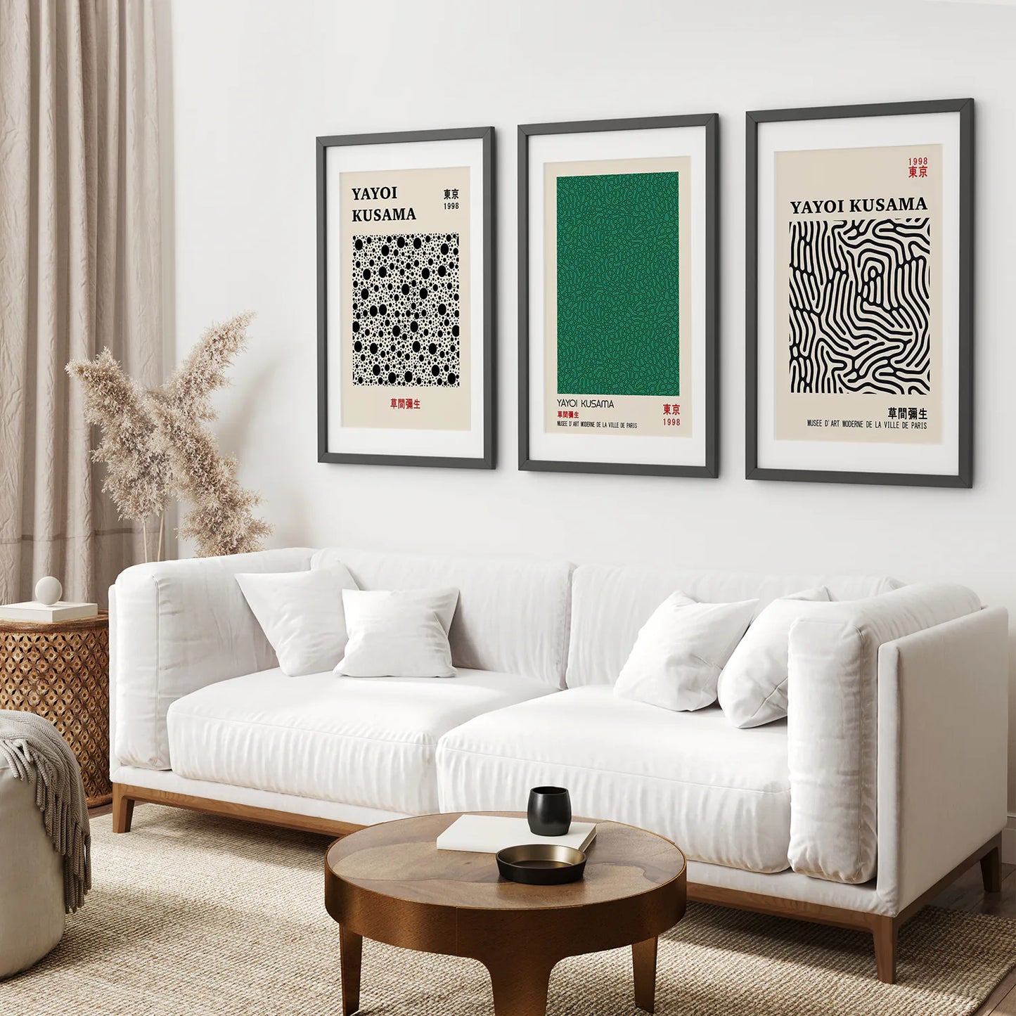 3 Piece Sage Green Abstract Japanese Wall Art Set. Yayoi Kusama. Black Frame with Mat. Living Room