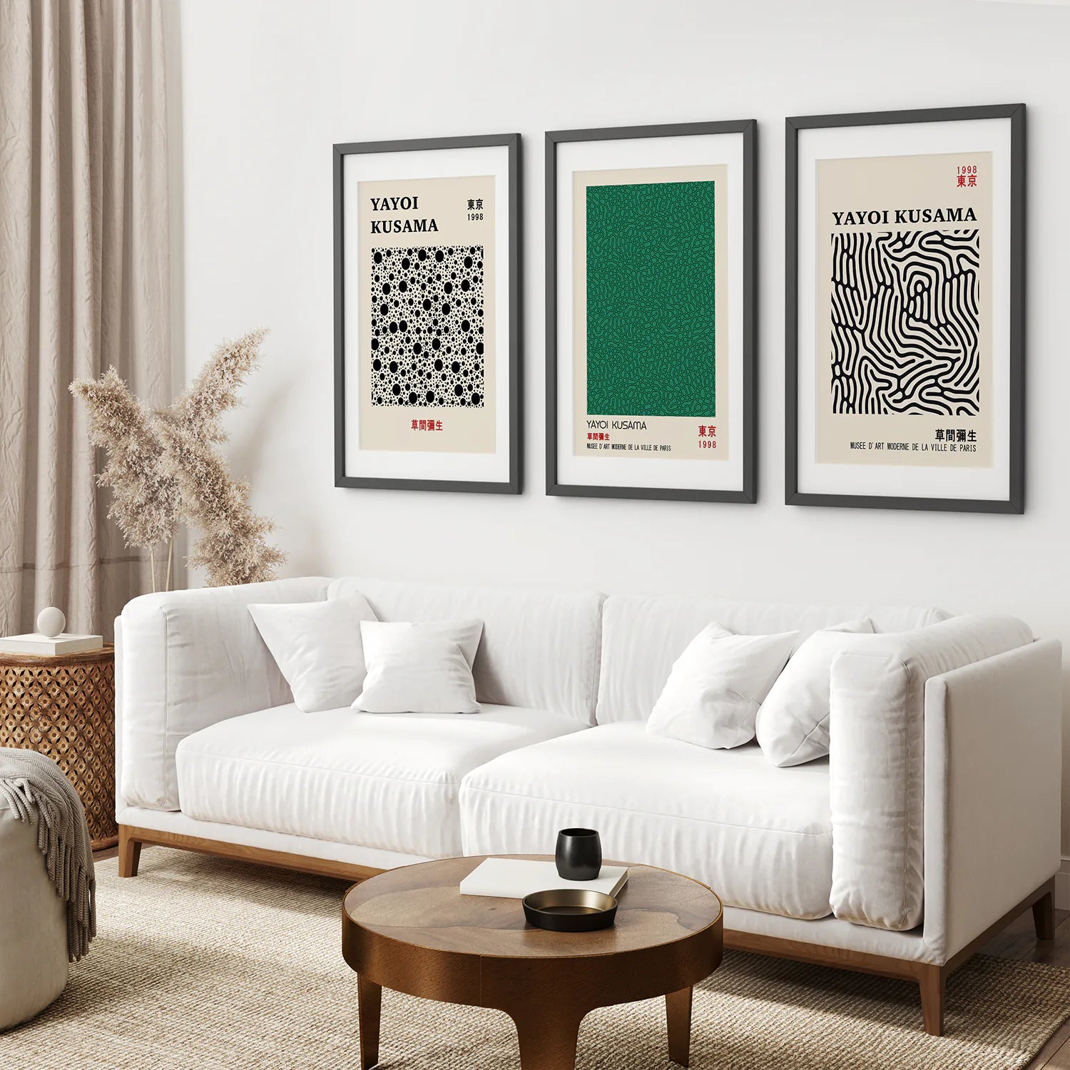 3 Piece Sage Green Abstract Japanese Wall Art Set. Yayoi Kusama. Black Frame with Mat. Living Room