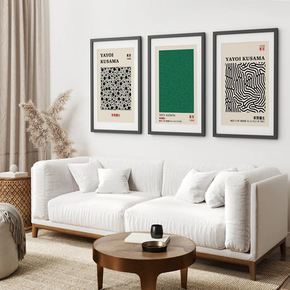 3 Piece Sage Green Abstract Japanese Wall Art Set. Yayoi Kusama. Black Frame with Mat. Living Room