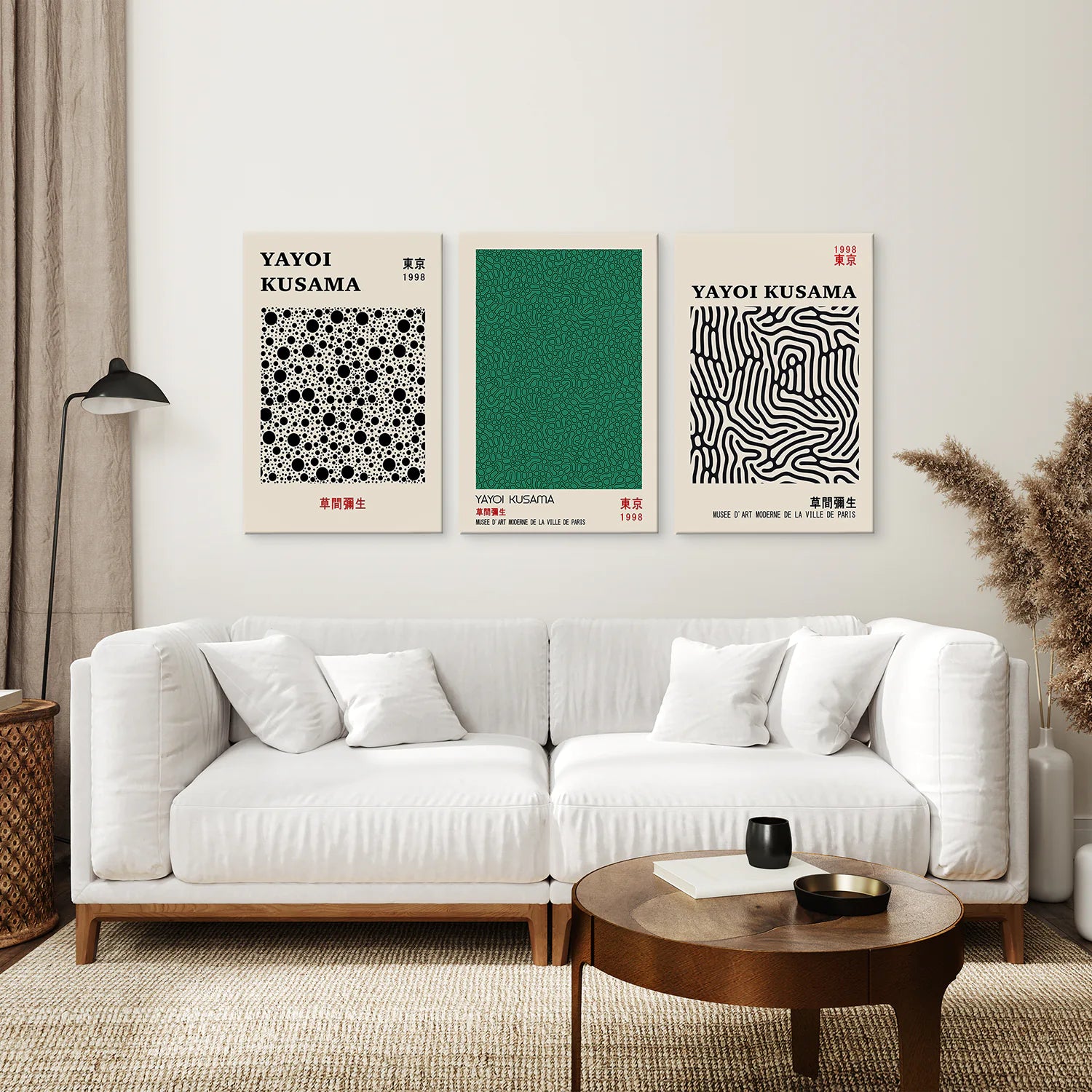 3 Piece Sage Green Abstract Japanese Wall Art Set. Yayoi Kusama. Canvas Print. Living Room