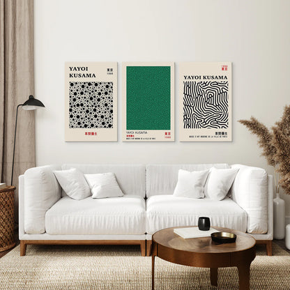 3 Piece Sage Green Abstract Japanese Wall Art Set. Yayoi Kusama. Canvas Print. Living Room