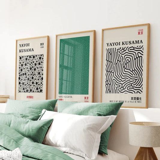 3 Piece Sage Green Abstract Japanese Wall Art Set. Yayoi Kusama. Thinwood Frame. Bedroom