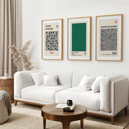 3 Piece Sage Green Abstract Japanese Wall Art Set. Yayoi Kusama. Thinwood Frame with Mat. Living Room