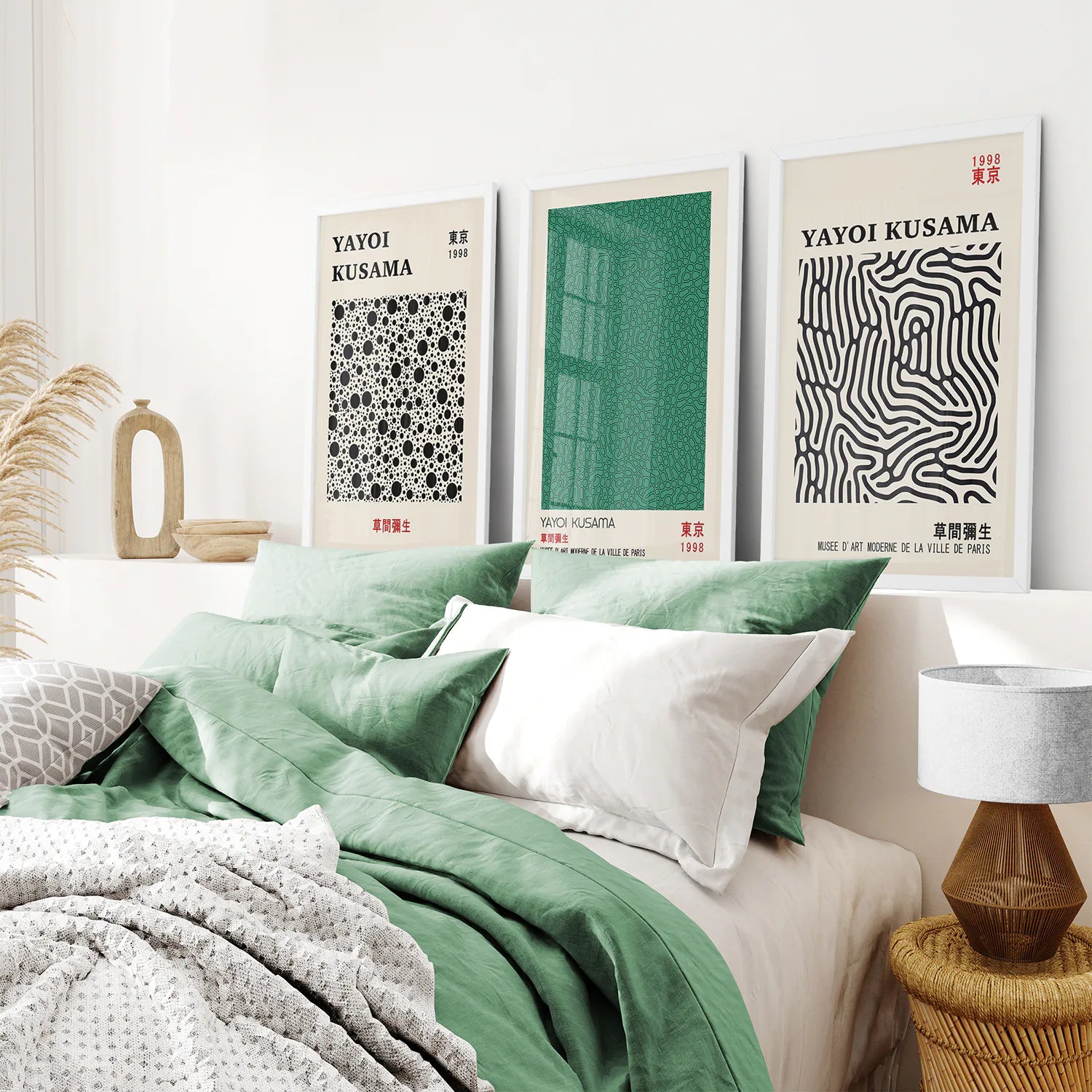3 Piece Sage Green Abstract Japanese Wall Art Set. Yayoi Kusama. White Frame. Bedroom