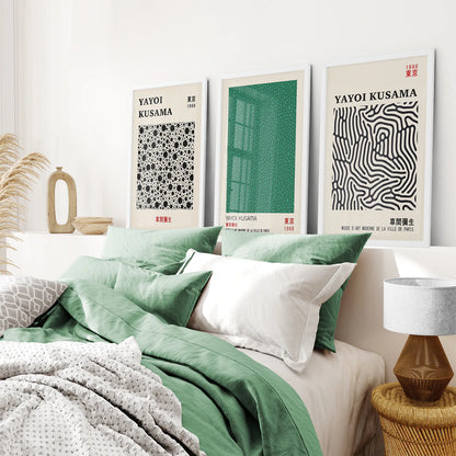 3 Piece Sage Green Abstract Japanese Wall Art Set. Yayoi Kusama. White Frame. Bedroom