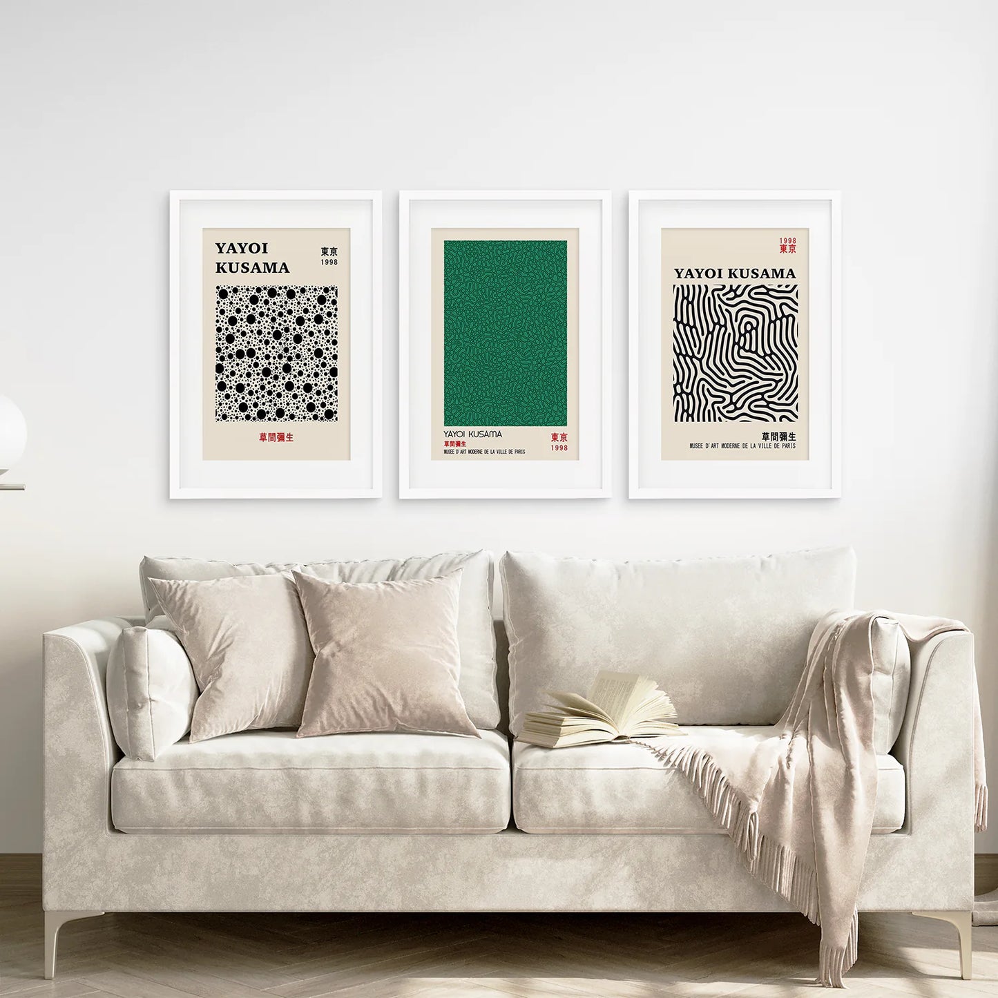 3 Piece Sage Green Abstract Japanese Wall Art Set. Yayoi Kusama. White Frame with Mat. Living Room