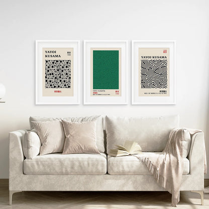 3 Piece Sage Green Abstract Japanese Wall Art Set. Yayoi Kusama. White Frame with Mat. Living Room