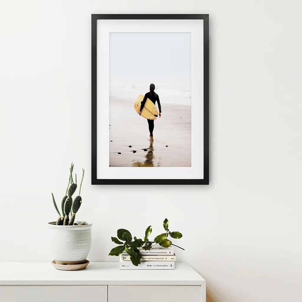 Yellow Surfboard Poster. Coastal Lifestyle Theme. Black Frame with Mat