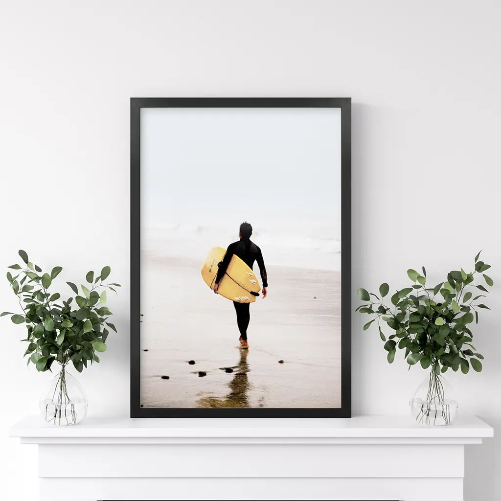 Yellow Surfboard Poster. Coastal Lifestyle Theme. Black Frame