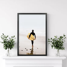 Load image into Gallery viewer, Yellow Surfboard Poster. Coastal Lifestyle Theme. Black Frame
