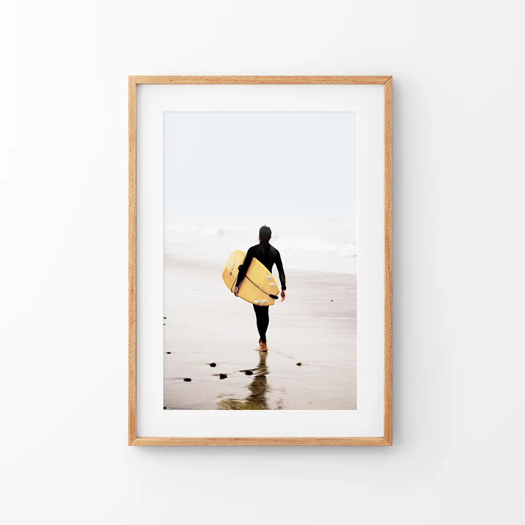 Yellow Surfboard Poster. Coastal Lifestyle Theme. Thin Wood Frame with Mat