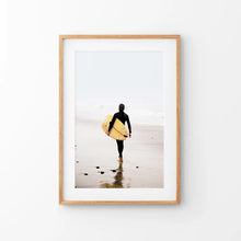 Load image into Gallery viewer, Yellow Surfboard Poster. Coastal Lifestyle Theme. Thin Wood Frame with Mat
