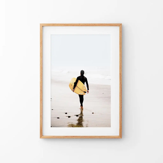 Yellow Surfboard Poster. Coastal Lifestyle Theme. Thin Wood Frame with Mat