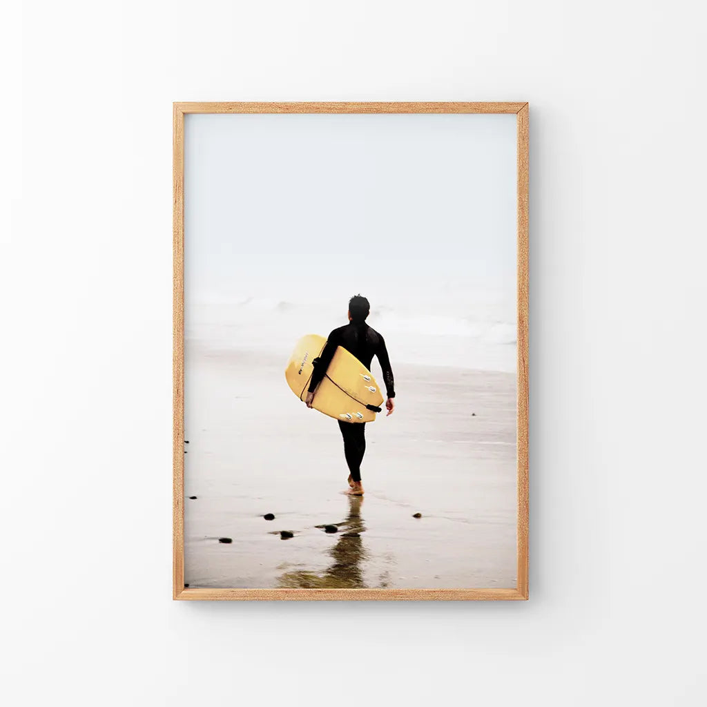 Yellow Surfboard Poster. Coastal Lifestyle Theme. Thin Wood Frame