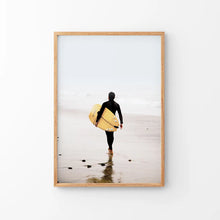Load image into Gallery viewer, Yellow Surfboard Poster. Coastal Lifestyle Theme. Thin Wood Frame
