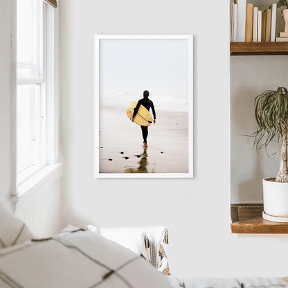 Yellow Surfboard Poster. Coastal Lifestyle Theme. White Frame