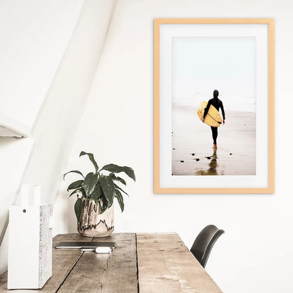 Yellow Surfboard Poster. Coastal Lifestyle Theme. Wood Frame with Mat