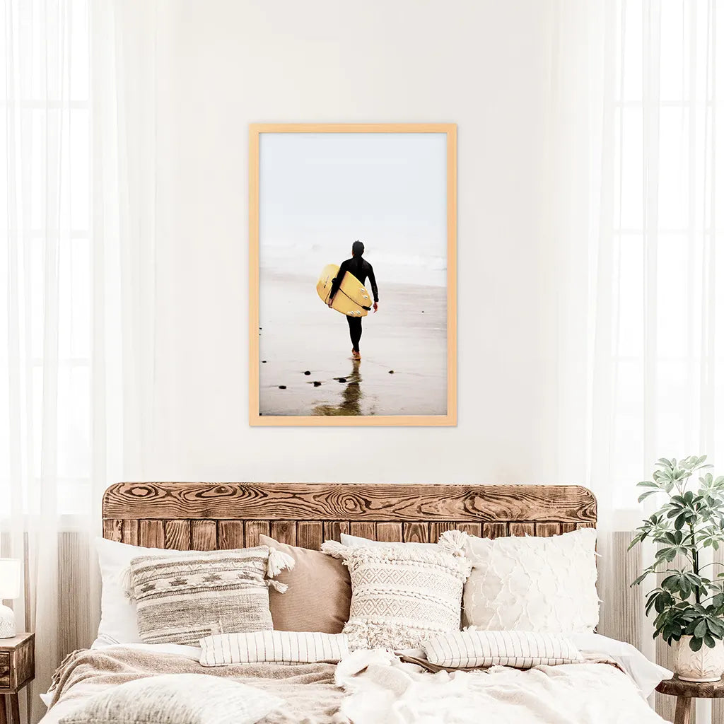 Yellow Surfboard Poster. Coastal Lifestyle Theme. Wood Frame