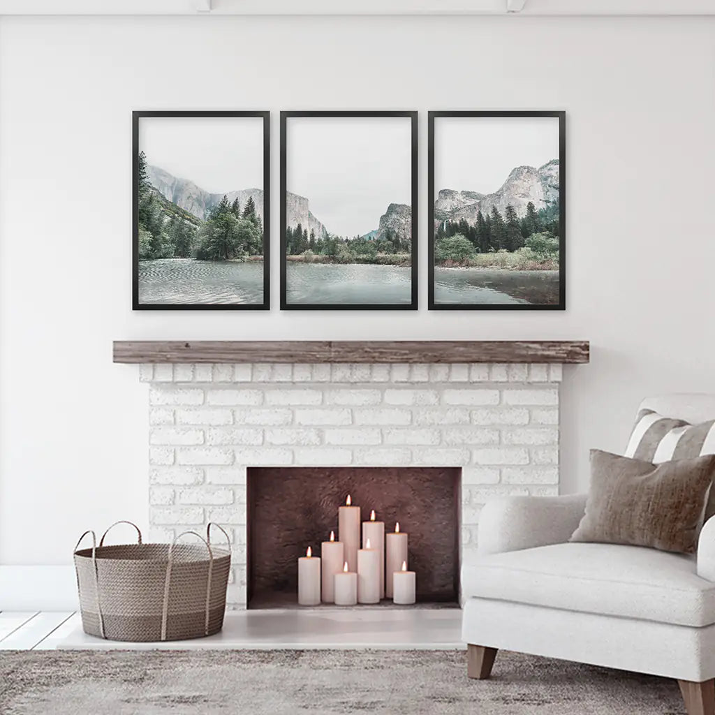 Yosemite Valley, California. US National Park Wall Art. Photo Triptych in Black Frames