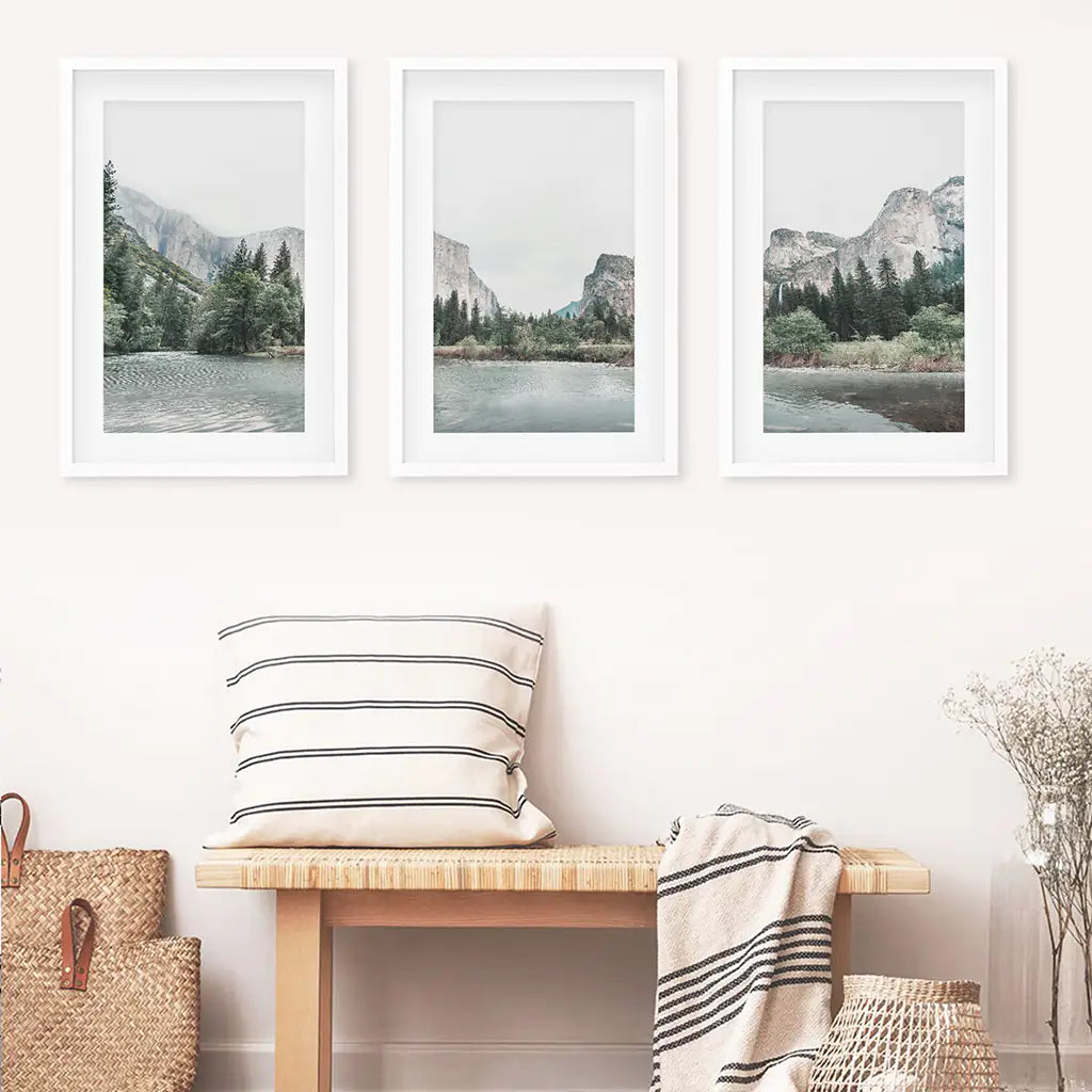 Yosemite Valley, California. US National Park Wall Art. Photo Triptych in White Frames with Mat