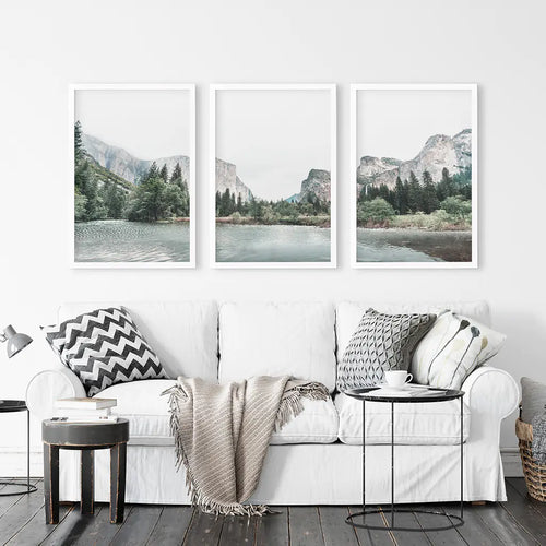 Yosemite Valley, California. US National Park Wall Art. Photo Triptych in White Frames