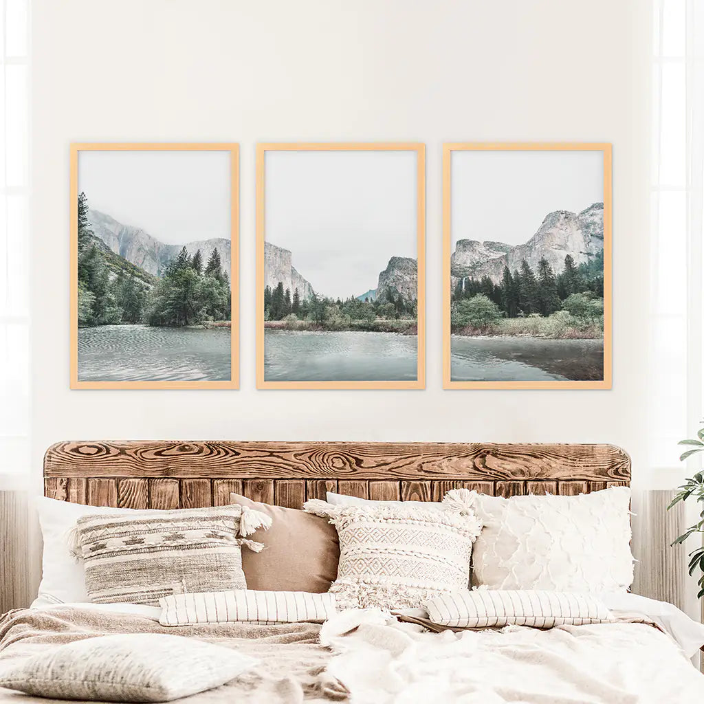 Yosemite Valley, California. US National Park Wall Art. Photo Triptych in Wood Frames